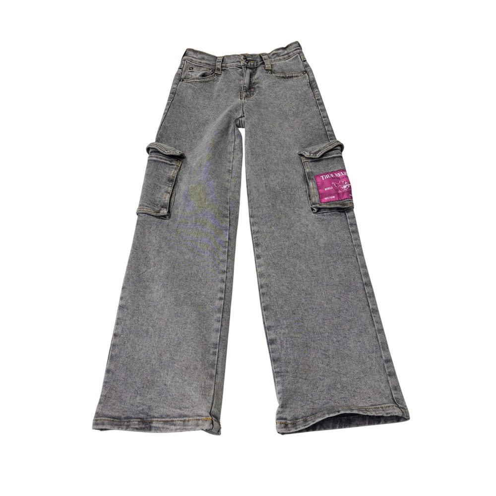 True Religion Leila High Rise Wide Leg Cargo Jeans Gray Acid‎ Wash Pink W26 L27